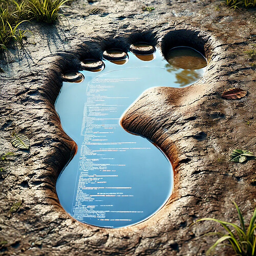 AI Generated - giant muddy footprint with a reflection of source code